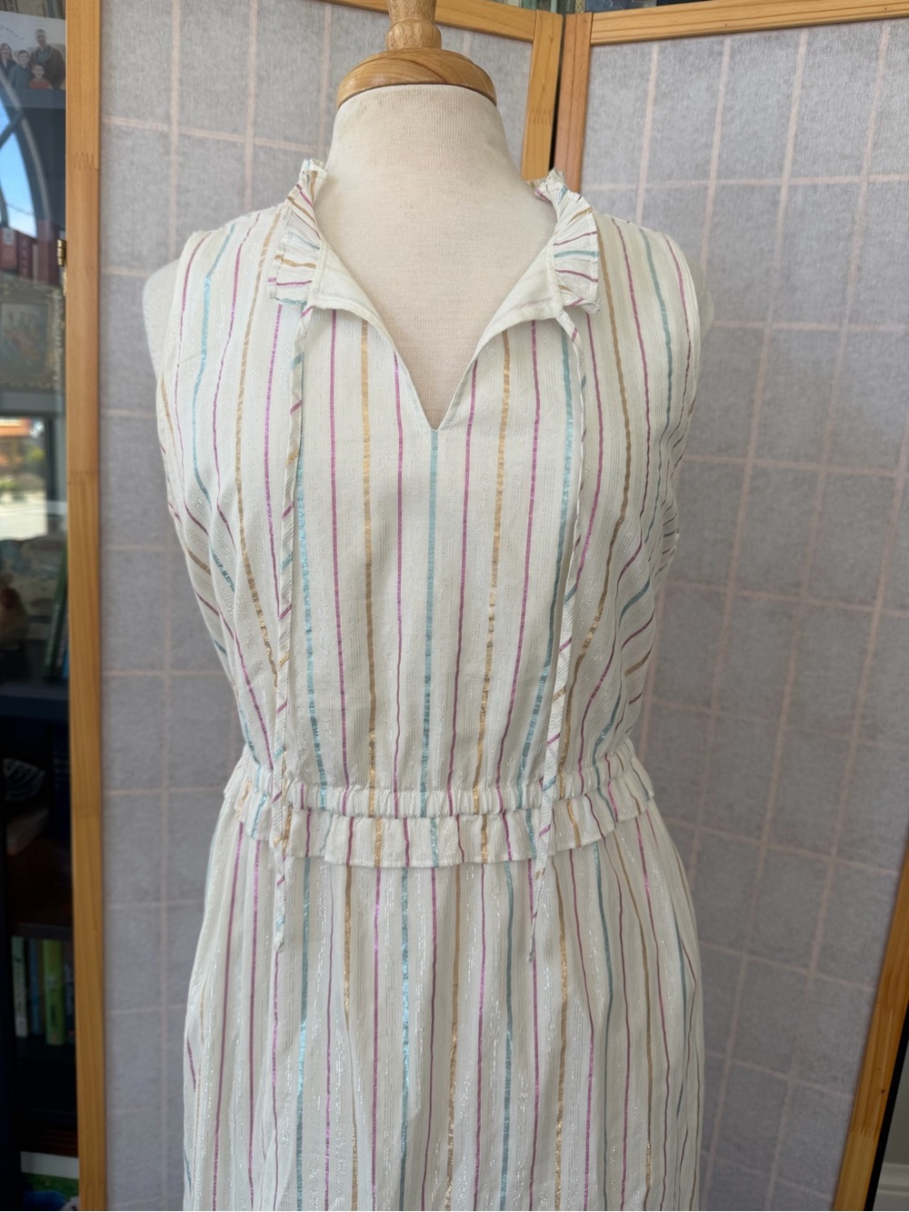 J. Crew White Midi Dress with Metallic Pastel Stripes - Picture 3 of 7